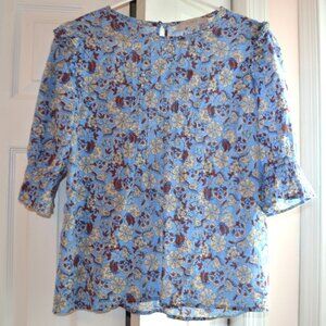 Loft M Shimmer Floral Pintucked Puff Sleeve Top  LT Blue W/Silver Metallic Line